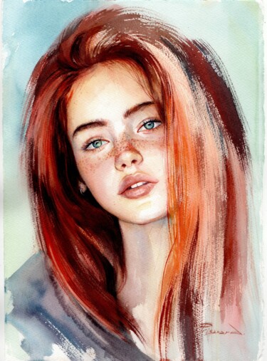 Redhead Girl. Schilderij getiteld "Redhead Girl." door Alla Prisakar, Origineel Kunstwerk, Aquarel