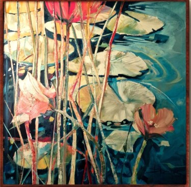 WATER LILIES II Painting titled "WATER LILIES II" by Sonja Brzak, Original Artwork, Oil Mounted on Wood Stretcher frame
