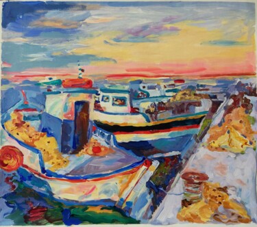 Картина под названием "Greek Boats at Suns…" - Jelena Djokic, Подлинное произведение искусства, Акрил