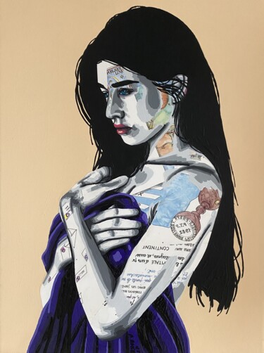 Collages getiteld "Paloma" door Annabelle Amory, Origineel Kunstwerk, Acryl Gemonteerd op Frame voor houten brancard
