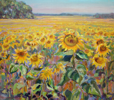 Pittura intitolato "Sunflower Field" da Leonid Pavlenko, Opera d'arte originale, Olio Montato su Telaio per barella in legno