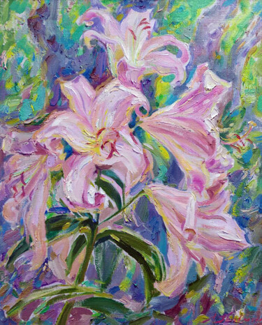 Картина под названием "Pink Lilies" - Leonid Pavlenko, Подлинное произведение искусства, Масло Установлен на Деревянная рама…