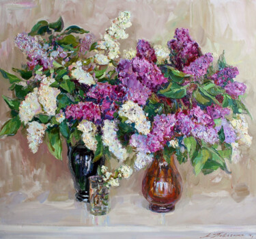 Schilderij getiteld "Lilac" door Leonid Pavlenko, Origineel Kunstwerk, Olie Gemonteerd op Frame voor houten brancard