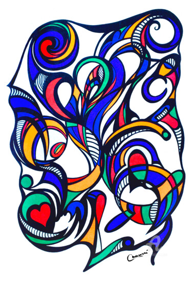 Schilderij getiteld "Heart waves" door Geneviève Chaussé, Origineel Kunstwerk, Marker Gemonteerd op Frame voor houten branca…