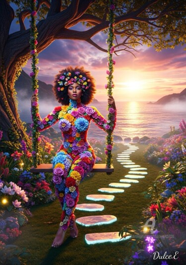 Digital Arts titled "BOTANICAL REVERIE" by Dulce, Original Artwork, AI generated image Mounted on Glass