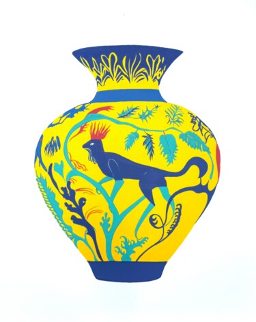 Yellow Vase with Blue Beast in Red Crown Peinture intitulée "Yellow Vase with Bl…" par Tatiana Belchenko, Œuvre d'art originale, Acrylique Monté sur Châssis en bois