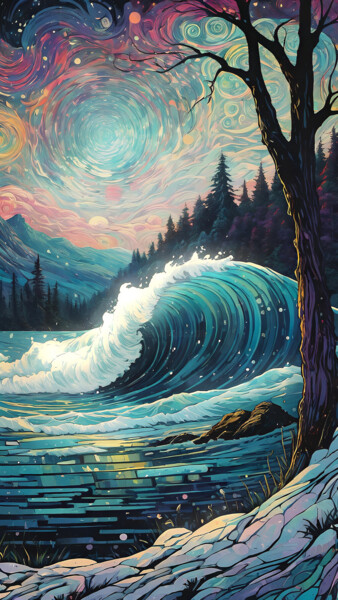 Starry Night Over the Ocean Digitale Kunst getiteld "Starry Night Over t…" door Sofia Markina, Origineel Kunstwerk, AI gegenereerde afbeelding