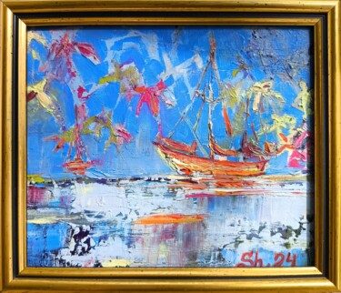 Sailboat Original Framed, Abstract Seascape, Sea Impasto Ζωγραφική με τίτλο "Sailboat Original F…" από Svetlana Sindere, Αυθεντικά έργα τέχνης, Λάδι Τοποθετήθηκε στο Χαρτόνι