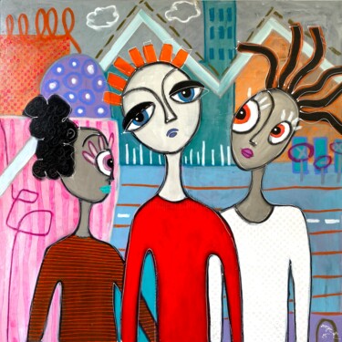 Pittura intitolato "Trois Léonnes à la…" da Roger.M, Opera d'arte originale, Acrilico Montato su Telaio per barella in legno