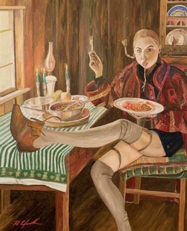 绘画 标题为“Donna con Spaghetti” 由Roberto Cafarotti, 原创艺术品, 油 安装在木质担架架上