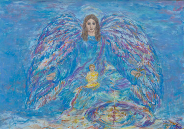 Archangel Gabriel with Child and Sacred Light Pintura intitulada "Archangel Gabriel w…" por Inessa Lightart, Obras de arte originais, Acrílico Montado em Outro painel ríg…