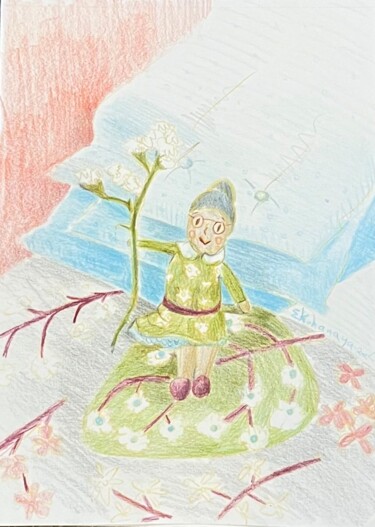 Рисунок под названием "Grandma and flower" - Elina Kohanaya, Подлинное произведение искусства, Карандаш