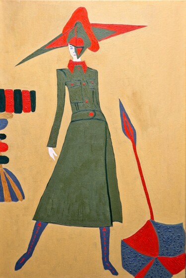 A silhouette in a green coat on a beige background "A silhouette in a g…" başlıklı Tablo Natalya Belalova tarafından, Orijinal sanat, Petrol Ahşap Sedye çerçevesi üzerine mont…
