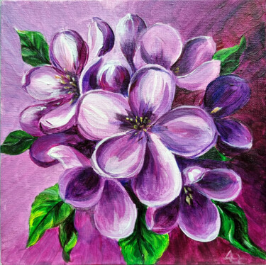 Violet Lilac Flower Painting, Small Wall Decor Schilderij getiteld "Violet Lilac Flower…" door Olga Dar, Origineel Kunstwerk, Acryl
