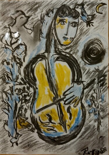 Desenho intitulada "El violonchelista" por Fernando Rubio, Obras de arte originais, Carvão
