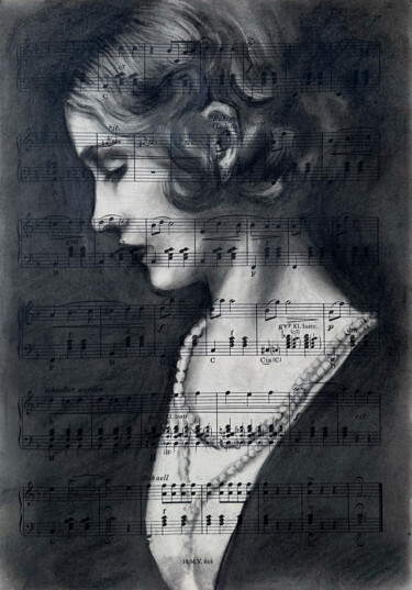 Charcoal Woman's Profile Portrait on Vintage Sheet Music Tekening getiteld "Charcoal Woman's Pr…" door Shilo Julia, Origineel Kunstwerk, Houtskool