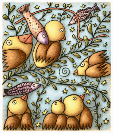 「Oiseaux poissons br…」というタイトルのデジタルアーツ Pacôme Coquetによって, オリジナルのアートワーク, AI生成画像 アルミニウムにマウント