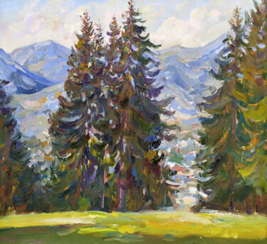 Pittura intitolato "Spruce Trees" da Leonid Pavlenko, Opera d'arte originale, Olio Montato su Telaio per barella in legno