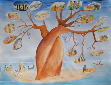 Peinture intitulée "Voyage autour du ba…" par Pascale Coutoux, Œuvre d'art originale, Aquarelle Monté sur Panneau de bois