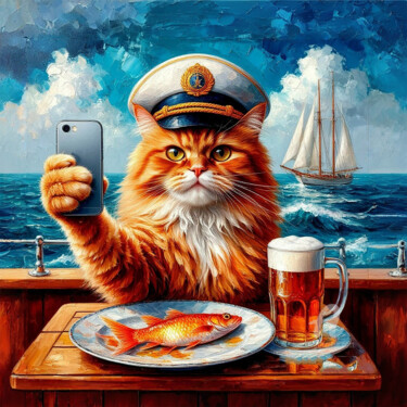 Ginger Captain Cat's Seaside Selfie "Ginger Captain Cat'…" başlıklı Dijital Sanat Kselma Randvald tarafından, Orijinal sanat, AI tarafından oluşturulan görüntü