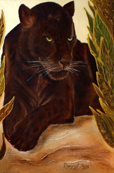 绘画 标题为“"Panther — The Gold…” 由Nadzeya Dzemianchuk, 原创艺术品, 油 安装在木质担架架上
