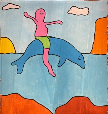 Schilderij getiteld "À dos de dauphin" door Mou, Origineel Kunstwerk, Gouache