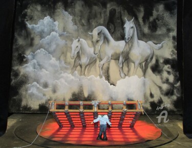 SCENE DESIGN FOR THE PERFORMANCE "Mazepa" 제목이 "SCENE DESIGN FOR TH…"인 조형물 Iryna Lupashchenko로, 원작, 수채화 목재 패널에 장착됨