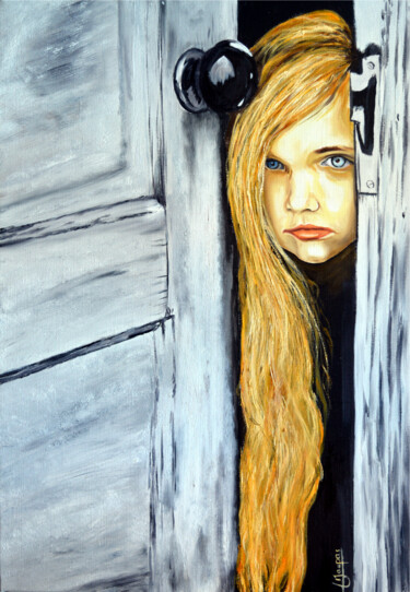 Painting titled "Jeune fille derrièr…" by Jacques Maupas, Original Artwork, Oil Mounted on Wood Stretcher frame