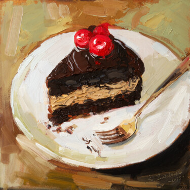 Chocolate Cake with Cherries Painting titled "Chocolate Cake with…" by Serhii Zavadenko, Original Artwork, Oil