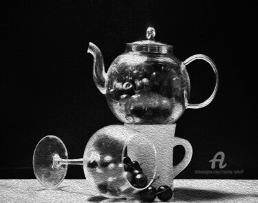 Still Life with Cherries (Black & White) Fotografia intitolato "Still Life with Che…" da Charles Talkoff, Opera d'arte originale, Fotografia digitale