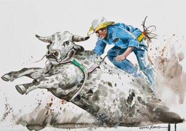 绘画 标题为“Cowboy riding a bul…” 由Kang Zhou, 原创艺术品, 水彩