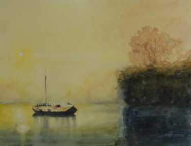 Pittura intitolato "Lake Boat in misty…" da Devon, Opera d'arte originale, Acquarello