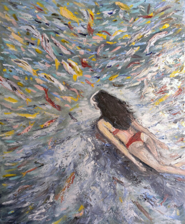 The Girl Swimming with the Fish Schilderij getiteld "The Girl Swimming w…" door Maria Galan, Origineel Kunstwerk, Olie