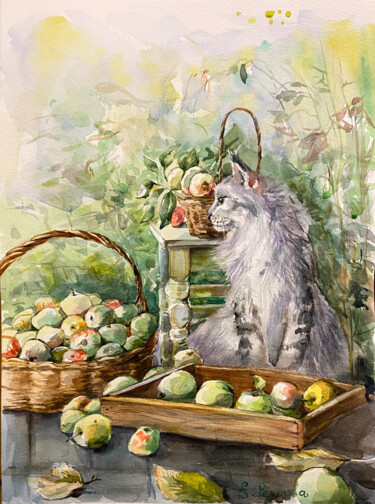 Painting titled "Cat and apple harve…" by Elena Reutova, Original Artwork, Watercolor