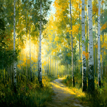Golden Sunlight Through the Autumn Birch Trees Digitale Kunst getiteld "Golden Sunlight Thr…" door Sergei Gundorov, Origineel Kunstwerk, Digitaal Schilderwerk
