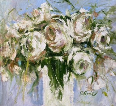 绘画 标题为“White roses” 由Oksana Almiz, 原创艺术品, 油 安装在木质担架架上