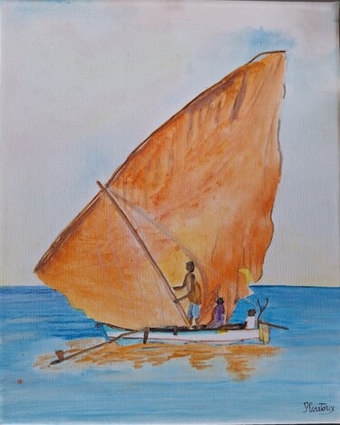 Peinture intitulée "Voile orange sur la…" par Pascale Coutoux, Œuvre d'art originale, Aquarelle Monté sur Châssis en bois