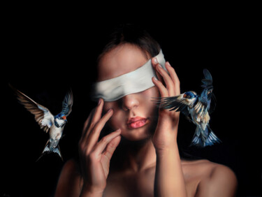 Blindfolded woman 1. Painting titled "Blindfolded woman 1." by Peter Duhaj, Original Artwork, Oil Mounted on Wood Stretcher frame