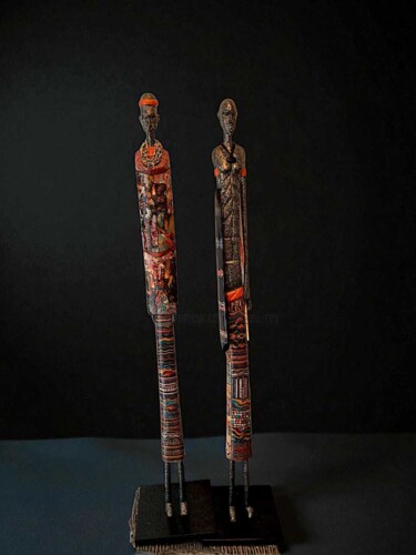 Sculptuur getiteld "Kenny & Amani" door Siberil Rey, Origineel Kunstwerk, Hout