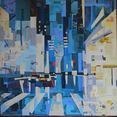 Kolaże zatytułowany „NEW YORK nuit” autorstwa Jacques Lacourrege, Oryginalna praca, Kolaże Zamontowany na Drewniana rama nos…
