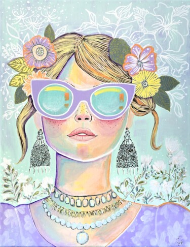 Boho Freckled Girl Art - Lavender & Flowers Summer Painting 绘画 标题为“Boho Freckled Girl…” 由Elaina Arty, 原创艺术品, 丙烯 安装在木质担架架上