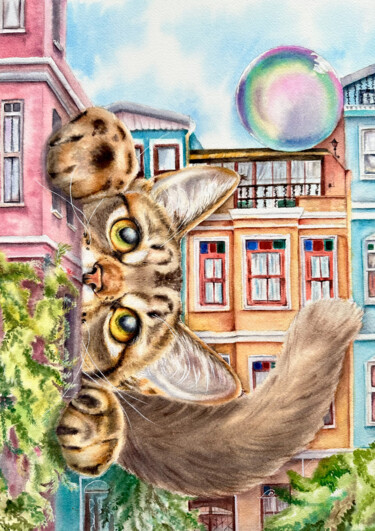 Painting titled "Balat cat" by Yuliya Ozdemir, Original Artwork, Watercolor