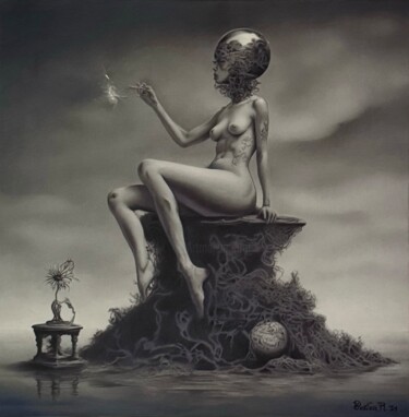 Tekening getiteld "Lucid Dominion" door Božica Rakić, Origineel Kunstwerk, Potlood Gemonteerd op Frame voor houten brancard