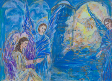 Throne of Glory – Mystical Angelic Visionary Painting 제목이 "Throne of Glory – M…"인 미술작품 Inessa Lightart로, 원작, 아크릴 기타 단단한 패널에 장착됨