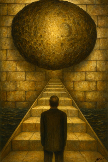 Schilderij getiteld "Sisyphus" door Spencer Derry, Origineel Kunstwerk, AI gegenereerde afbeelding