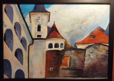 Schilderij getiteld "Palanok Castle" door Yurii Kril, Origineel Kunstwerk, Acryl Gemonteerd op Frame voor houten brancard