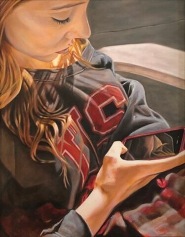 Schilderij getiteld "Socially Bored" door Elise Acosta, Origineel Kunstwerk, Olie Gemonteerd op Frame voor houten brancard