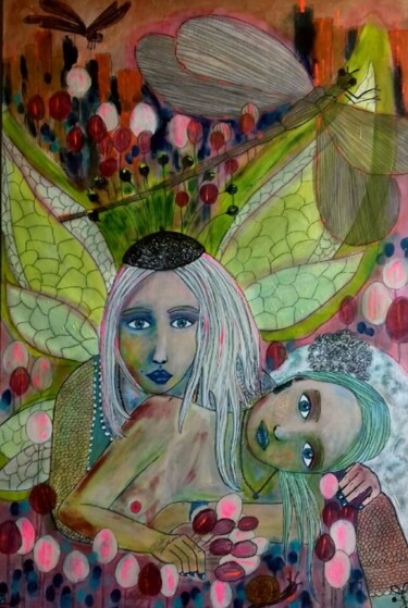 「The two fairies」というタイトルの絵画 Mapieによって, オリジナルのアートワーク, アクリル ウッドストレッチャーフレームにマウント