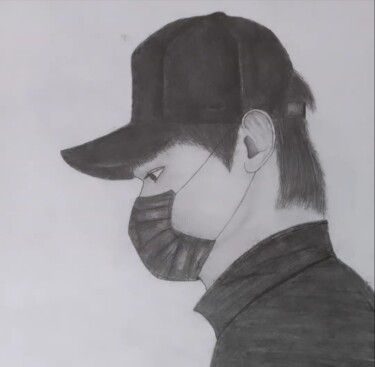 Desenho intitulada "Boy with face mask…" por Mygallery Artist, Obras de arte originais, Grafite