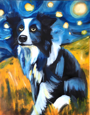 Van Gogh Style Oil Painting: Border Collie and Stars | Expre Картина под названием "Van Gogh Style Oil…" - Anastasiya Kuznetsova, Подлинное произведение искусства, Масло Установлен на Д…